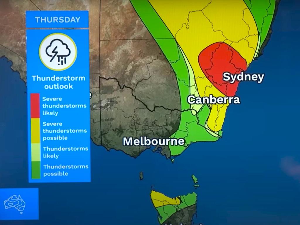 Severe thunderstorms are likely for Sydney on Wednesday. Pics: BOM.