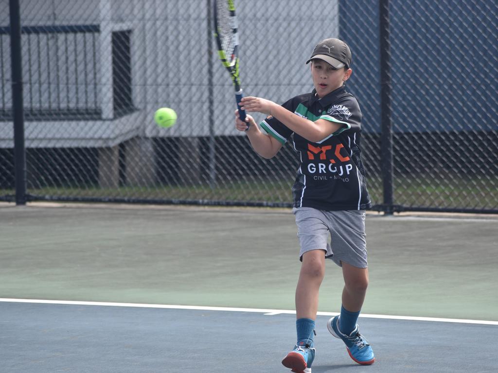 Players on court at the JDS Central Region tournament at the Rockhampton Regional Tennis Centre on July 14, 2024.