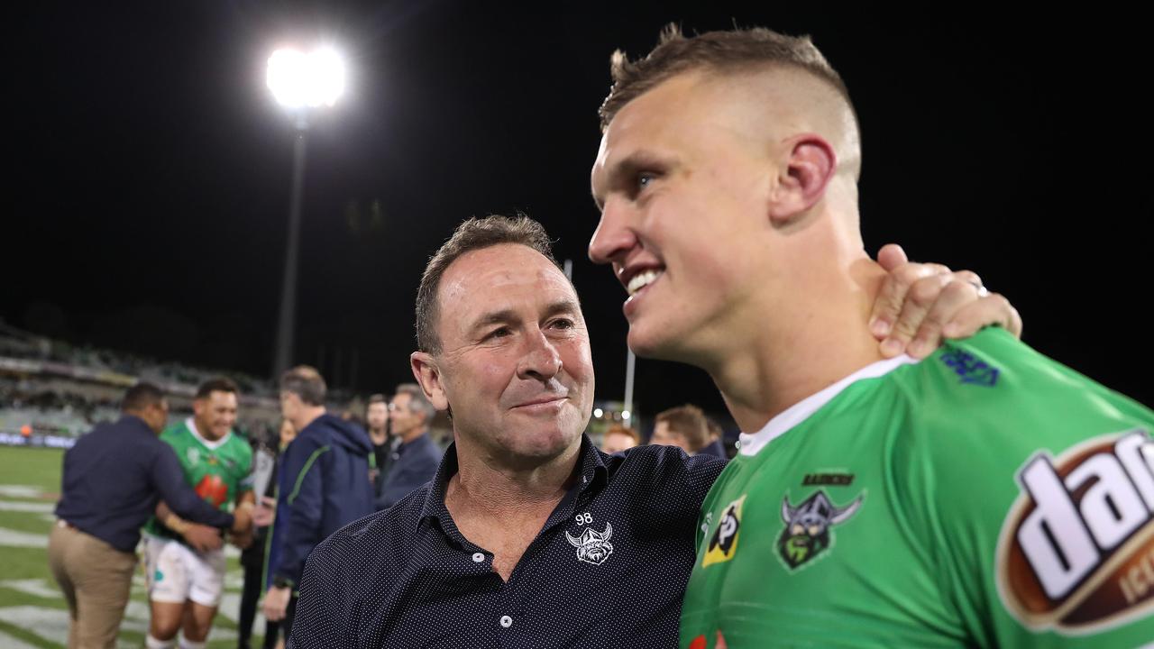 Canberra coach Ricky Stuart hugs Jack Wighton after reaching the grand final