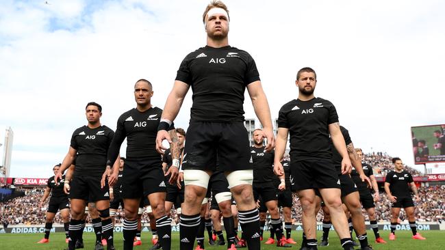 Sam Cane of the All Blacks leads the haka during the Bledisloe Cup match at Eden Park.