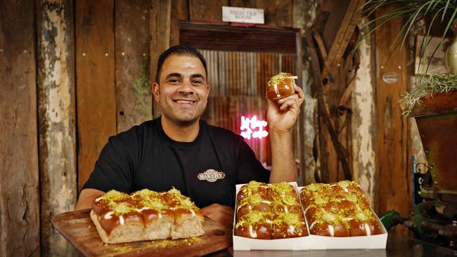 Rob Pirina from Glenorie Bakery pictured with his famous Dubai Hot Cross Buns today. Picture: Sam Ruttyn