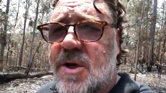 Russell Crowe shows the fire damage in a video posted to Twitter.