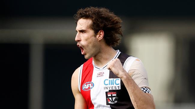 LAUNCESTON, AUSTRALIA - MAY 11: Max King of the Saints celebrates a goal during the 2024 AFL Round 09 match between the Hawthorn Hawks and the St Kilda Saints at UTAS Stadium on May 11, 2024 in Launceston, Australia. (Photo by Michael Willson/AFL Photos via Getty Images)