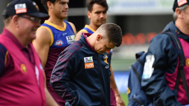 Brisbane captain Dayne Zorko, centre, at three-quarter time during the Lions’ win over Adelaide Crows at the Gabba on Sunday. Picture: AAP