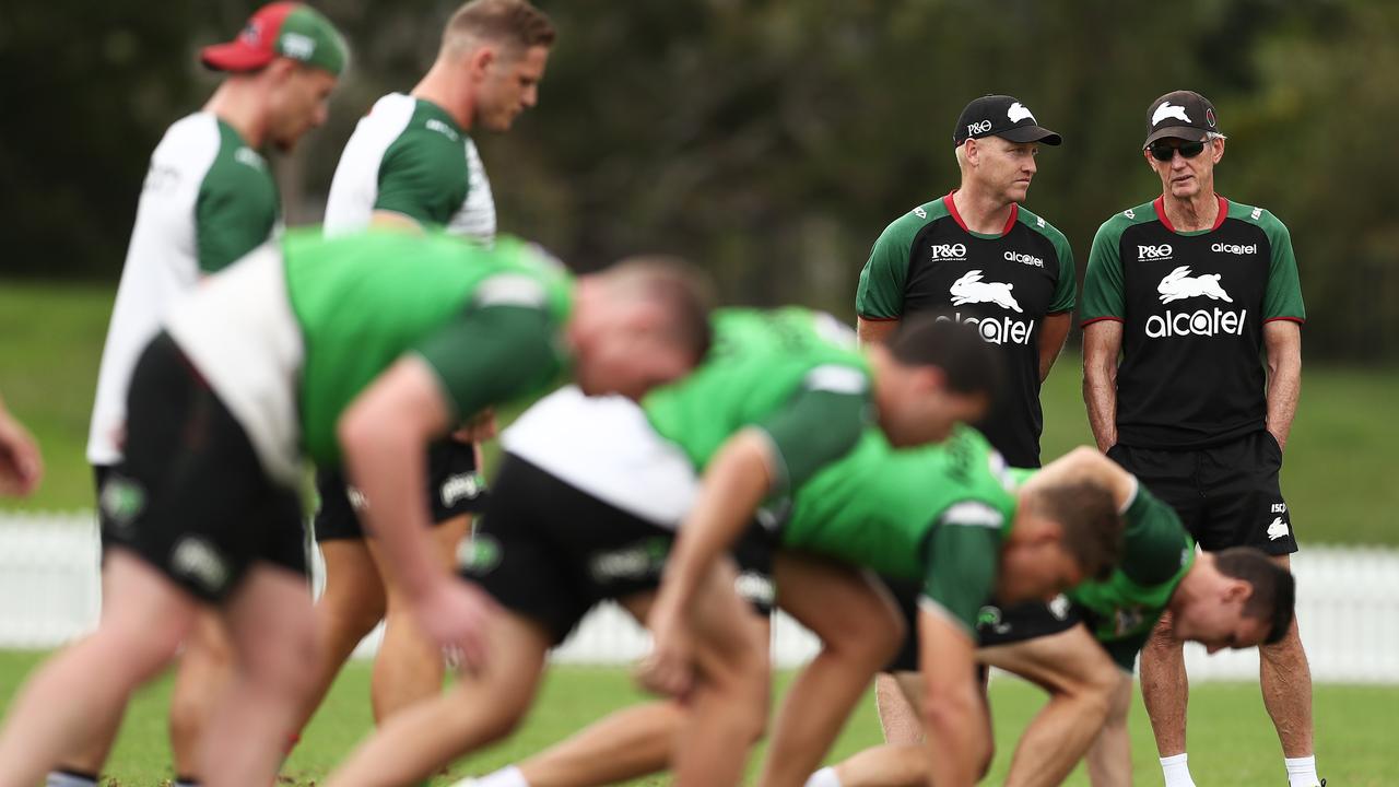 Jeremy Hickmans with Wayne Bennett at Rabbitohs training in 2019. Picture: Matt King/Getty