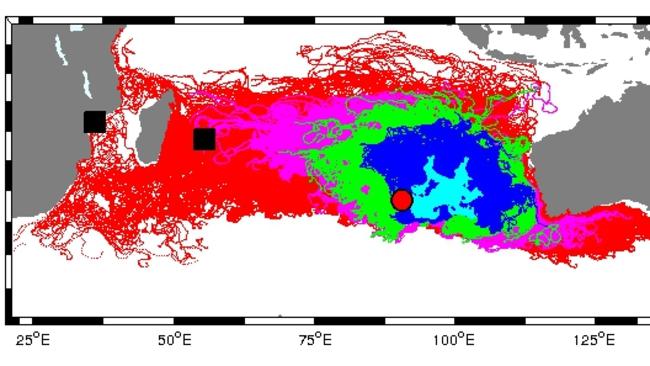 Drift modelling by Professor Charitha Pattiaratchi from the University of WA shows the likelihood of MH370 debris turning up off Tanzania based on the current search site. Picture: Supplied