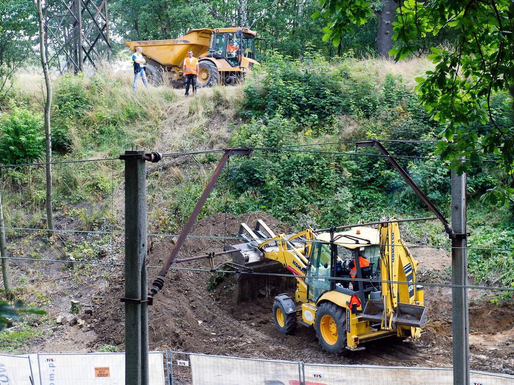 Workers dig the ground as excavations are under way aiming to verify the existence of the so-called 'Nazi Gold train' in Walbrzych, Poland. Picture: AFP