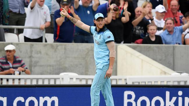 Ben Stokes celebrates taking one the great World Cup catches. Picture: Getty