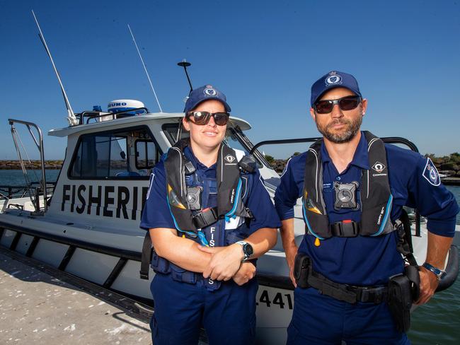 Victorian Fisheries Authority Officers Sarah Hurse and Mark Asplin. Picture: Mark Stewart