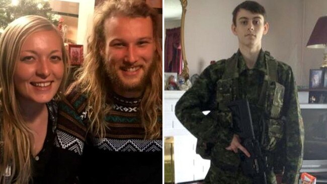 Bryer Schmegelsky, right, in military fatigues, is one of the suspects in the murder of Lucas Fowler and Chynna Deese. Picture: Supplied