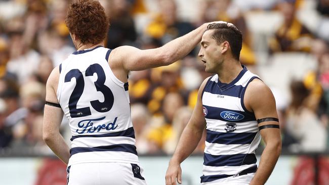 Luke Dahlhaus and Gary Rohan haven’t missed a beat since joining the Cats. Picture: AAP Images 