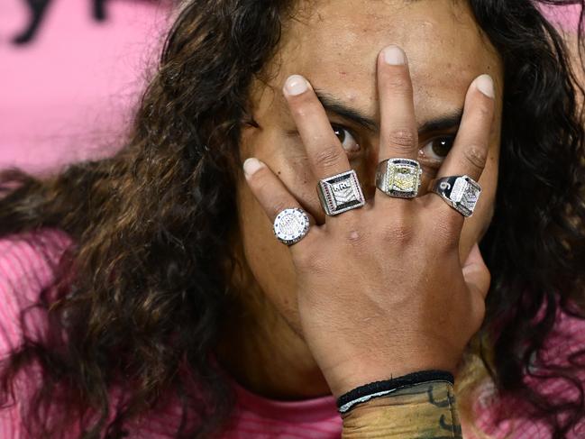 SYDNEY, AUSTRALIA - OCTOBER 06: Jarome Luai of the Panthers celebrates victory following the 2024 NRL Grand Final match between the Melbourne Storm and the Penrith Panthers at Accor Stadium on October 06, 2024, in Sydney, Australia. (Photo by Quinn Rooney/Getty Images)