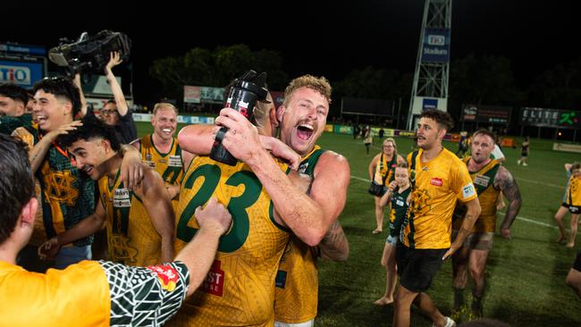 Jackson Calder celebrates the win in the 2023-24 NTFL Men's Grand Final between Nightcliff and St Mary's. Picture: Pema Tamang Pakhrin