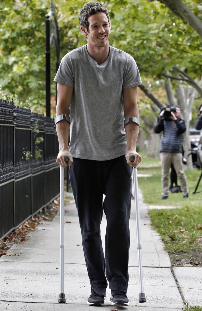 Western Bulldogs skipper Bob Murphy leaves his surgeon’s office in Prahran on Monday. Picture: Michael Klein