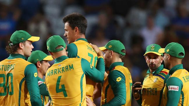TAROUBA, TRINIDAD AND TOBAGO - JUNE 26: Marco Jansen of South Africa celebrates with teammates after dismissing Nangyal Kharoti of Afghanistan (not pictured) during the ICC Men's T20 Cricket World Cup West Indies & USA 2024 Semi-Final match between South Africa and Afghanistan at Brian Lara Cricket Academy on June 26, 2024 in Tarouba, Trinidad And Tobago. (Photo by Robert Cianflone/Getty Images)