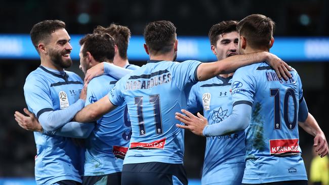 Sydney celebrate during their semi-final win over Perth. Picture: Getty