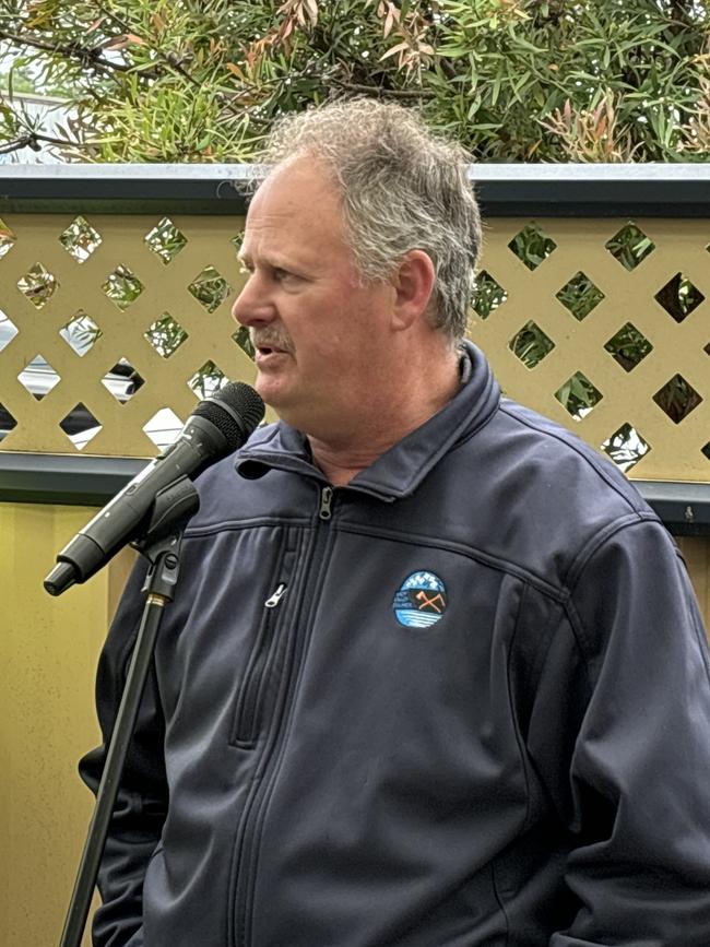 West Coast Mayor Shane Pitt speaking to salmon workers at the Petuna processing plant in Devonport. Picture: Simon McGuire.