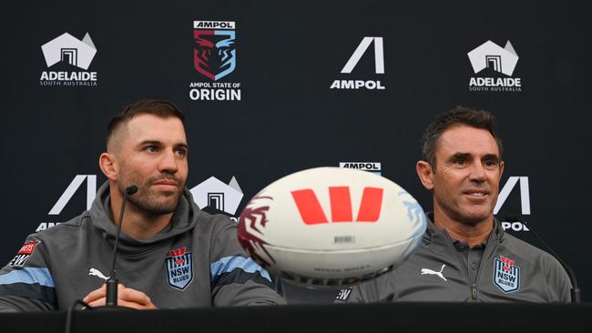 - NSW Blues captain James Tedesco, left, with coach Brad Fittler in Rundle Mall. Picture: Naomi Jellicoe