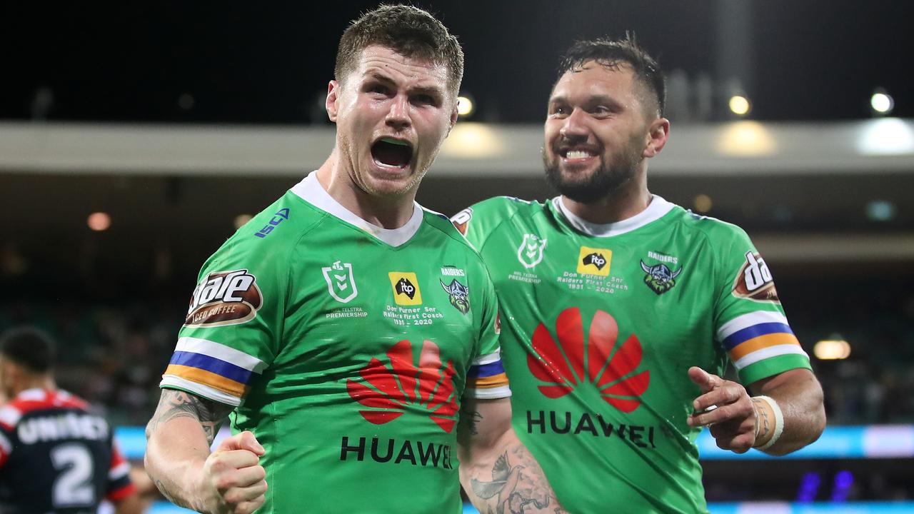 Former Raider John Bateman, pictured left with Jordan Rapana, has pointed to issues with leaking at the club. Picture: Cameron Spencer/Getty Images