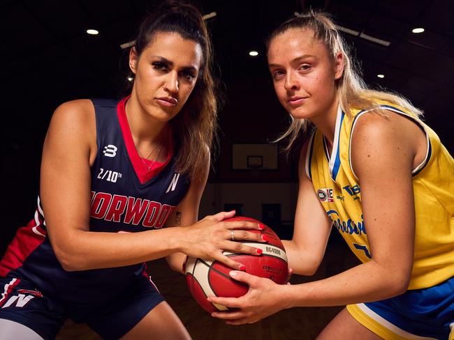 WNBL LightingÃ¢â¬â¢s Ally Wilson and Brooke Basham at Marion Basketball Stadium, ahead of their match where theyÃ¢â¬â¢ll go head to head playing for Norwood and Forestville, Thursday, April 8, 2021. Picture: MATT LOXTON