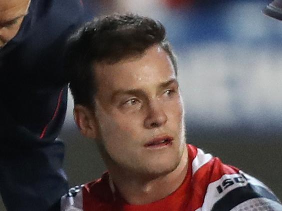 Roosters Luke Keary leaves the field after a head knock during the Sydney Roosters v Newcastle Knights NRL match at McDonald Jones Stadium, Newcastle. Picture: Brett Costello