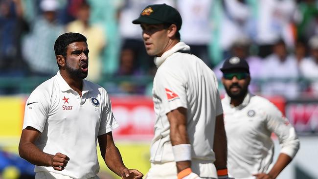 India’s Ravichandran Ashwin claims the wicket of Glenn Maxwell. Picture: AFP