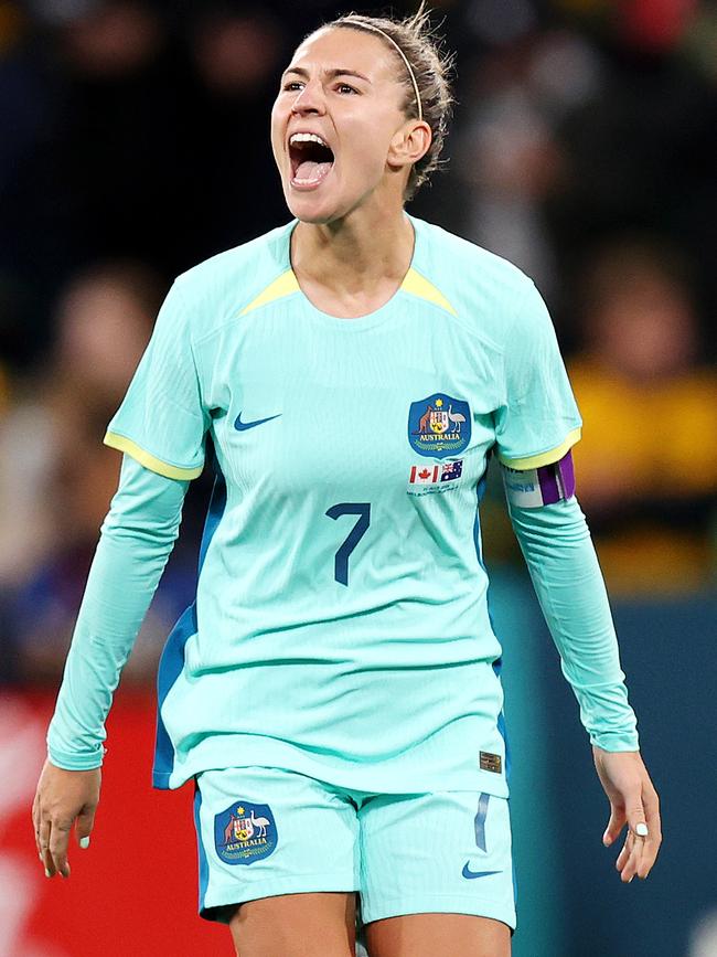 Victoria’s Steph Catley celebrates the Matildas’ win. Picture: Mark Stewart