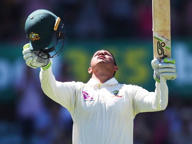 AustraliaÕs Usman Khawaja celebrates his century during Day 3 of the 5th Ashes Test between Australia and England at the SCG. Picture. Phil Hillyard