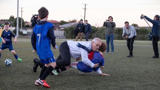 Scott Morrison attends training night at the Devonport Strikers Soccer Club. Picture: Jason Edwards