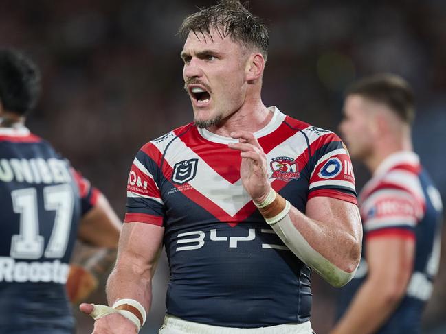 SYDNEY, AUSTRALIA - APRIL 04: Angus Crichton of the Roosters reacts during the round five NRL match between South Sydney Rabbitohs and Sydney Roosters at Accor Stadium, on April 04, 2025, in Sydney, Australia. (Photo by Brett Hemmings/Getty Images)