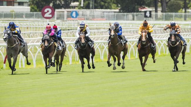 Horses put the new turf to the test during trials at Eagle Farm. Picture: Lachie Millard