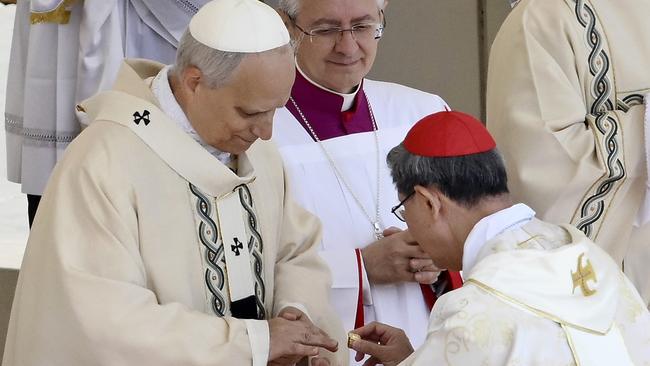 Pope Leo XIV received his pallium and fisherman’s ring during the mass. Picture: Getty Images