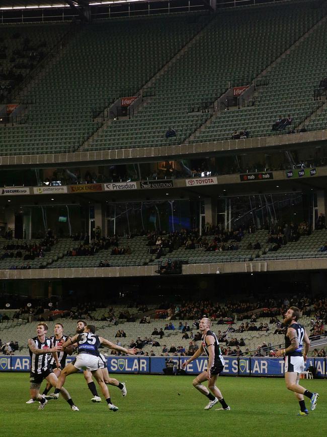 There were a lot of empty seats when Collingwood played Carlton on a Sunday night in 2014. Picture: Colleen Petch