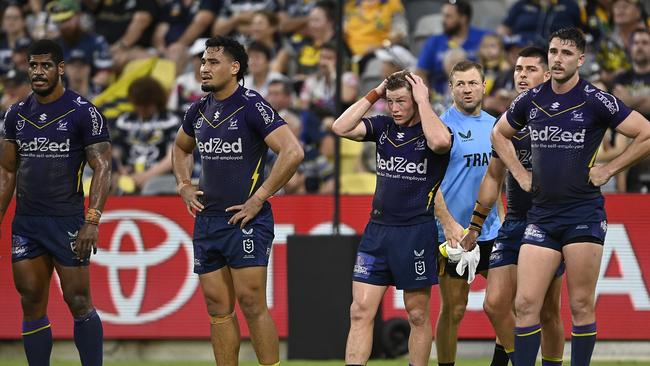 TOWNSVILLE, AUSTRALIA - JUNE 04: The Storm look on after a Cowboys try during the round 14 NRL match between North Queensland Cowboys and Melbourne Storm at Qld Country Bank Stadium on June 04, 2023 in Townsville, Australia. (Photo by Ian Hitchcock/Getty Images)