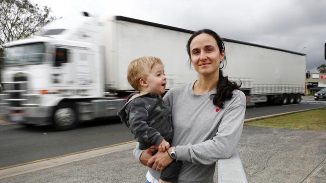 Tasha Valenzuela and her son Sebastian pictured out the front of her mum's home on Pennant Hills Rd. Picture: Sam Ruttyn