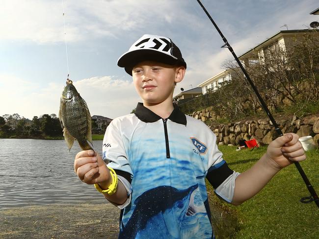 Kayos Hapeta-Williams 7 from SEQ Carp and Tilly Busters, a group set up to cull pest fish species, attacking the Tilapia population at Burleigh Waters  his his fishing buddies. Picture Glenn Hampson