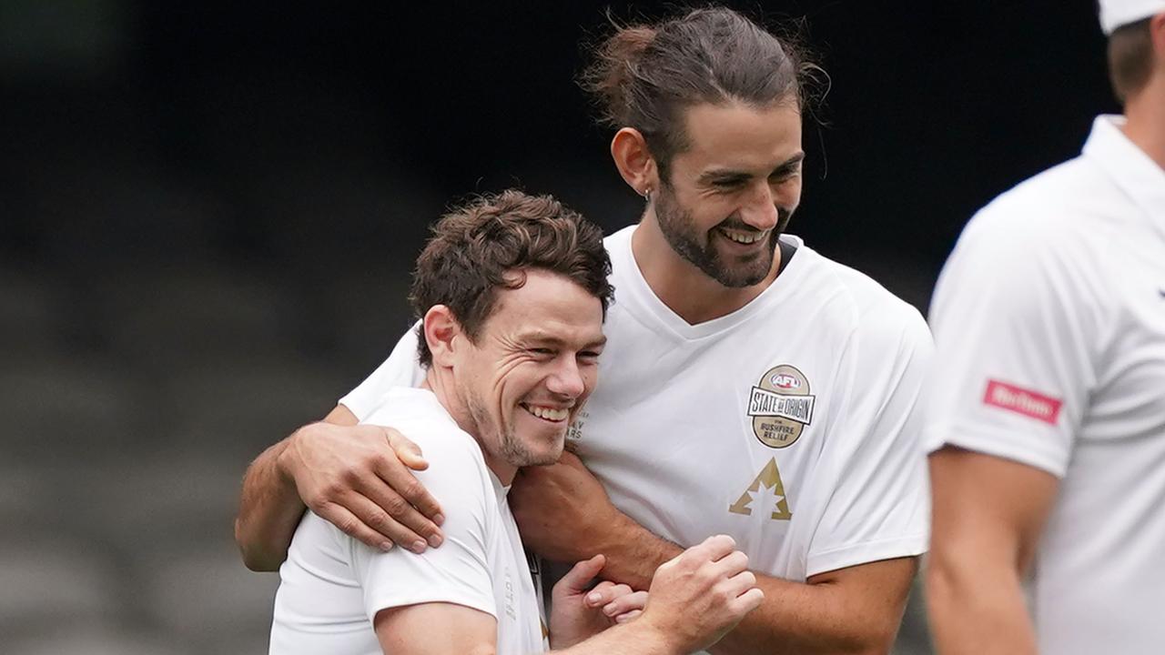 Lachie Neale and Brodie Grundy were part of the All Stars team for the State of Origin Bushfire Relief game. Picture: AAP Image/Scott Barbour