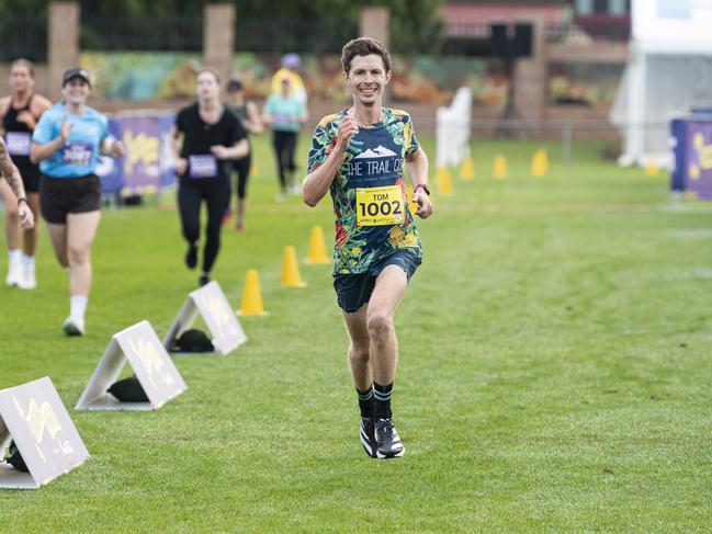 Tom Anderson finishes in third place in the half marathon of the Toowoomba Marathon event, Sunday, May 5, 2024. Picture: Kevin Farmer