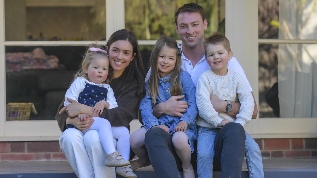 Talia with wife Megan and kids Adeline, 2, Ivy, 5, and Maximillion, 3, at their new home in Unley Park. Picture: Roy VanDerVegt