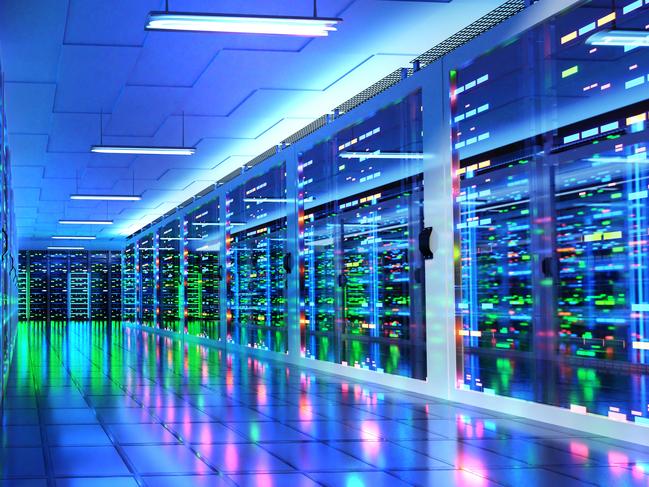 Modern server room, corridor in data centre with Supercomputer racks, neon lights and conditioners. 3D rendering illustration