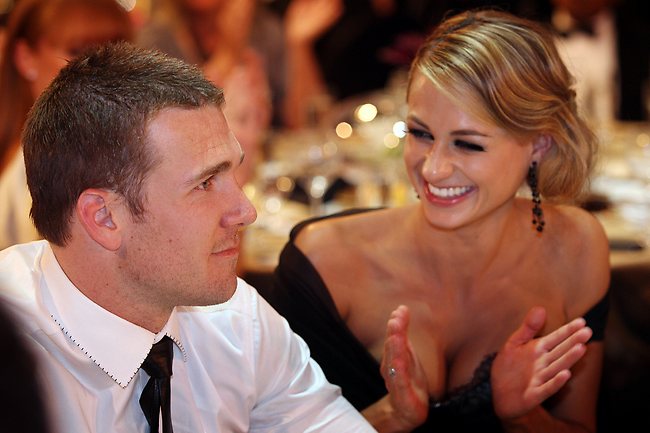 <p>Taylor Wilson applauds a shocked Dane Swan after he is announced the winner of the 2011 Brownlow Medal. Picture: Michael Dodge</p>