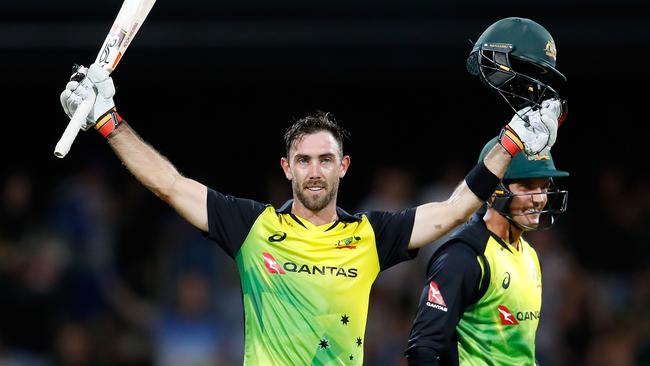 Matchwinner: Maxwell celebrates scoring a century after hitting a six from the last ball in a win over England last summer. Picture: Getty