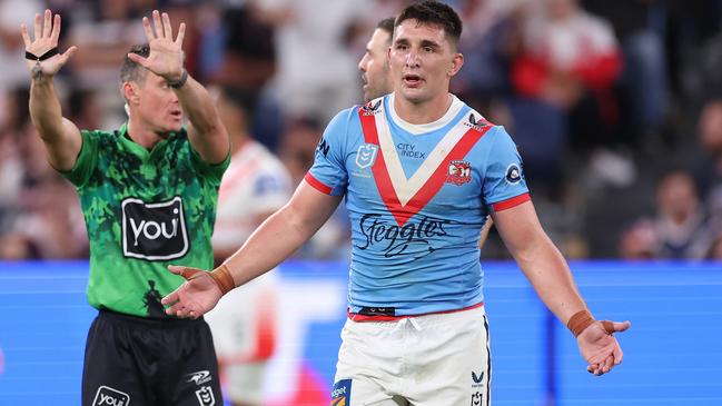 Victor Radley of the Roosters is placed on report and sent to the sin bin by referee Adam Gee. Picture: Getty Images