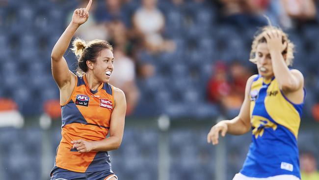 Rebecca Beeson celebrates a goal against the Eagles.