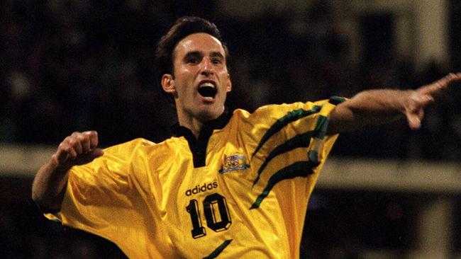 Aurelio Vidmar celebrates a goal for the Socceroos against Iran in 1997.