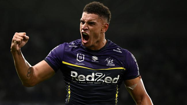 MELBOURNE, AUSTRALIA - MARCH 08:  Will Warbrick of the Storm  celebrates winning the round one NRL match between Melbourne Storm and Penrith Panthers at AAMI Park on March 08, 2024, in Melbourne, Australia. (Photo by Quinn Rooney/Getty Images)