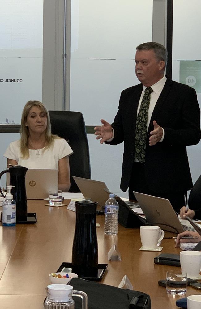 Whitsunday Regional Council CEO Rodney Ferguson answers queries during the September 14 council meeting. Whitsunday Mayor Julie Hall sits to his right. Picture: Duncan Evans