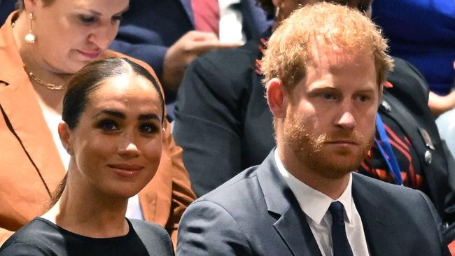 (FILES) Prince Harry (R) and Meghan Markle (L), the Duke and Duchess of Sussex, attend the 2020 UN Nelson Mandela Prize award ceremony at the United Nations in New York on July 18, 2022. A multi-million-dollar deal between a media group run by Britain's Prince Harry and his wife Meghan Markle, and streaming giant Spotify is to end, a report said June 15, 2023. (Photo by TIMOTHY A. CLARY / AFP)