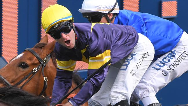 Jockey Tommy Berry rides Brutal to victory at Randwick earlier this month. Pic: AAP