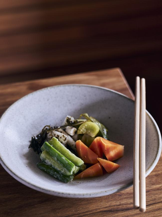 A plate of pickles from Schole restaurant in Hobart. Picture: Luke Burgess